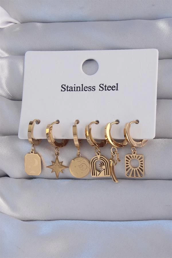 316l Çelik Gold Renk Yıldız Figürlü Tarot Model Halka Küpe Seti