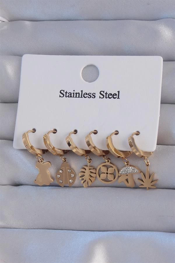 316l Çelik Gold Renk Zirkon Taşlı Hayvan Figürlü Yaprak Model Halka Küpe Seti