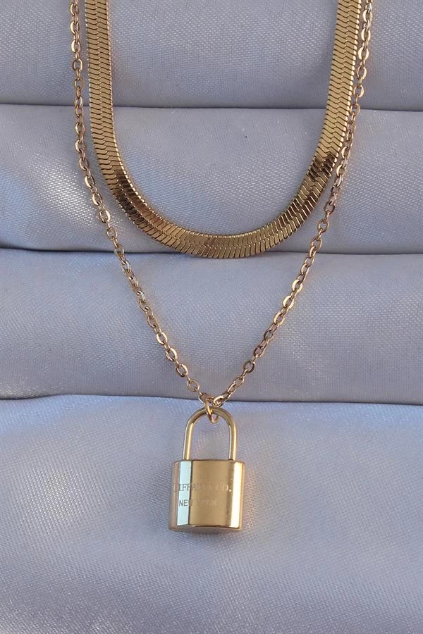 316l Çelik Gold Renk Çift Zincir Kilit Model Kolye