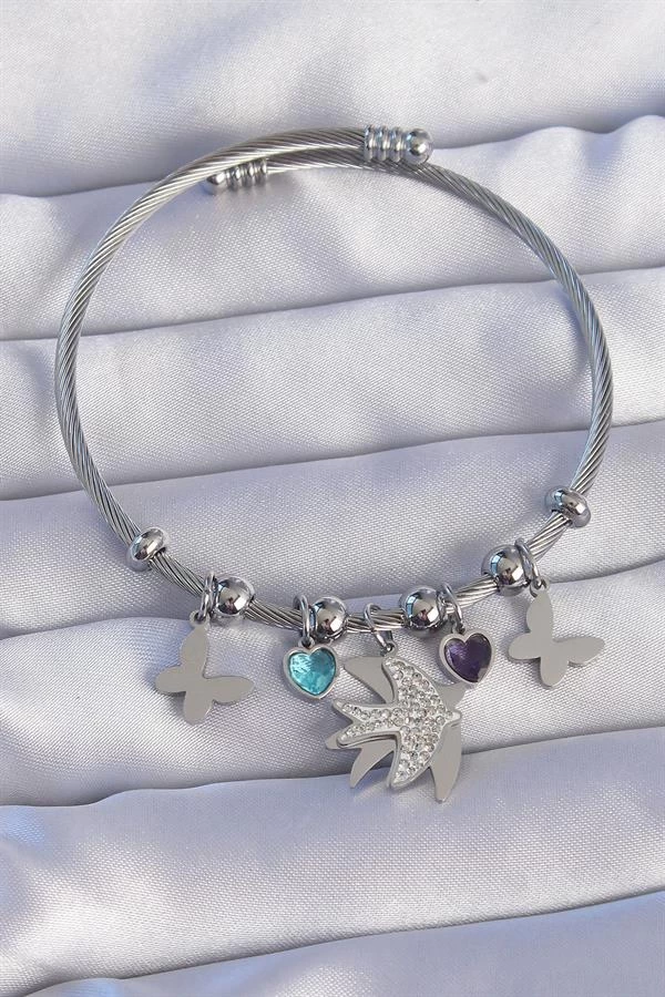 316l Çelik Gümüş Renk Zirkon Taşlı Kuş Tasarımlı Kelebek Detay Charm Bileklik