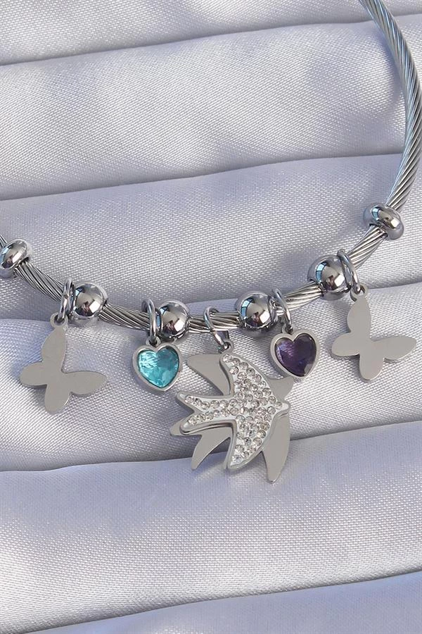 316l Çelik Gümüş Renk Zirkon Taşlı Kuş Tasarımlı Kelebek Detay Charm Bileklik