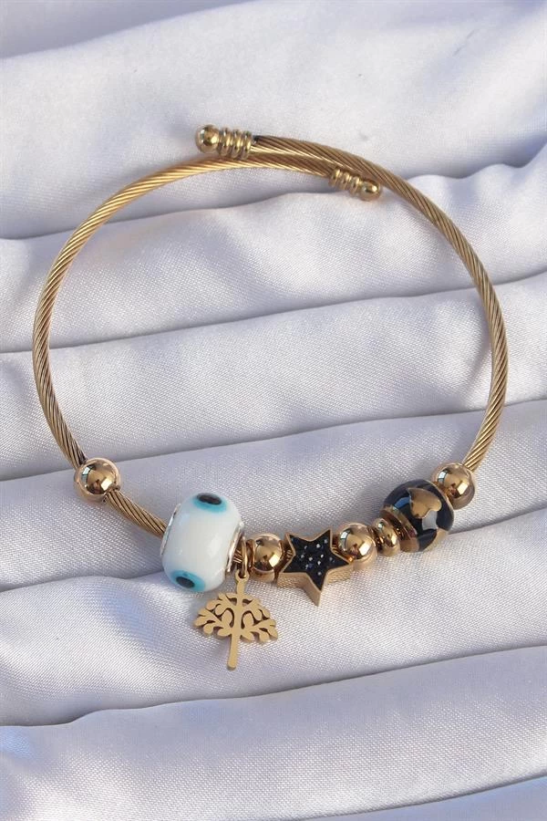 316l Çelik Gold Renk Siyah Zirkon Taşlı Yıldız Tasarımlı Ağaç Detay Nazarlı Charm Bileklik