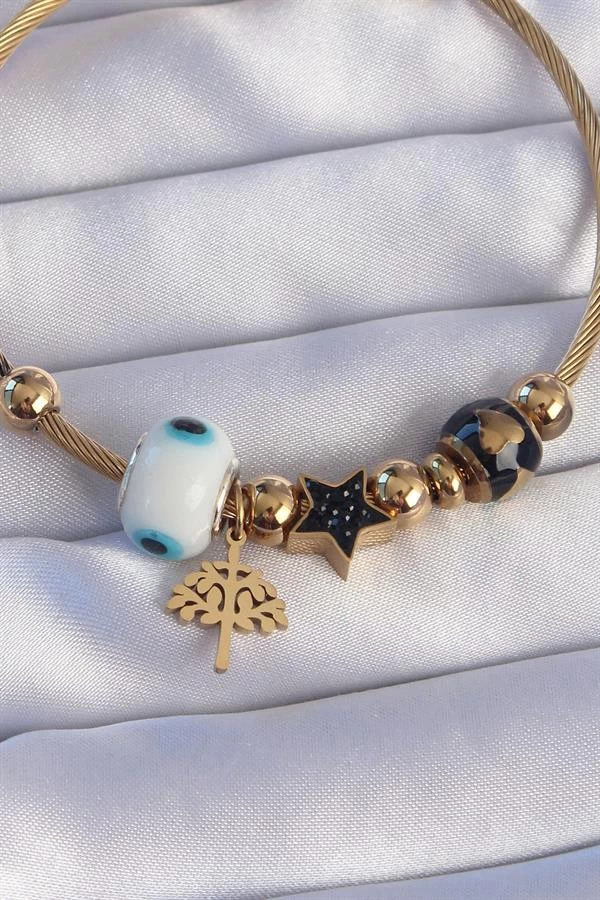 316l Çelik Gold Renk Siyah Zirkon Taşlı Yıldız Tasarımlı Ağaç Detay Nazarlı Charm Bileklik