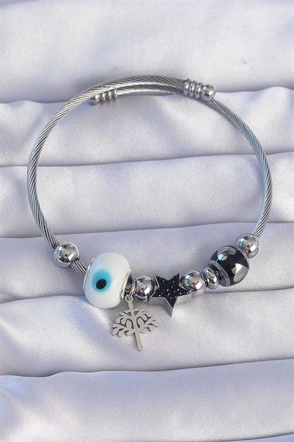 316l Çelik Gümüş Renk Siyah Zirkon Taşlı Yıldız Tasarımlı Ağaç Detay Nazarlı Charm Bileklik