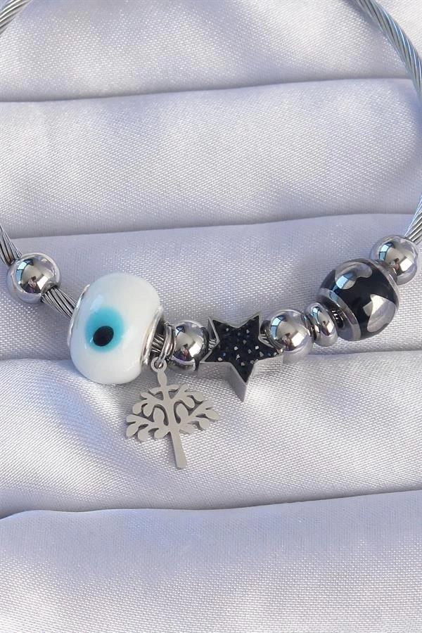 316l Çelik Gümüş Renk Siyah Zirkon Taşlı Yıldız Tasarımlı Ağaç Detay Nazarlı Charm Bileklik