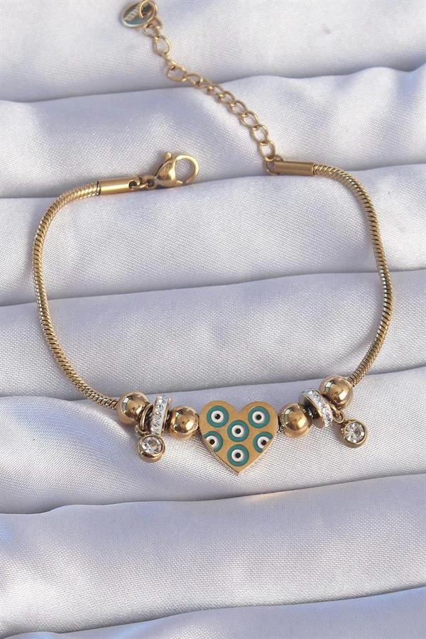 316l Çelik Gold Renk Zirkon Taşlı Nazarlı Kalp Tasarımlı Bileklik