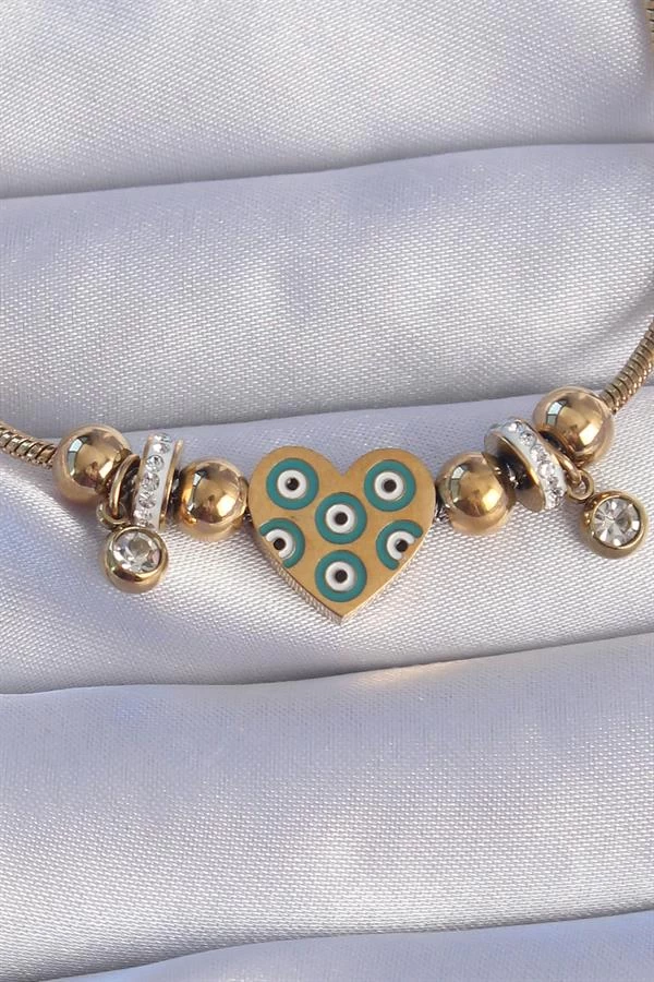 316l Çelik Gold Renk Zirkon Taşlı Nazarlı Kalp Tasarımlı Bileklik