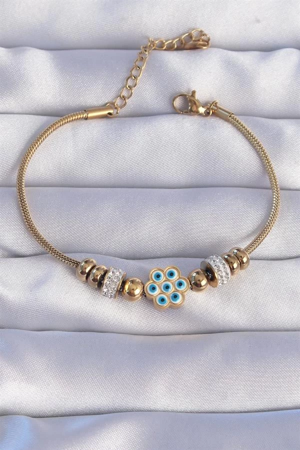 316l Çelik Gold Renk Zirkon Taşlı Nazarlı Çiçek Tasarımlı Bileklik