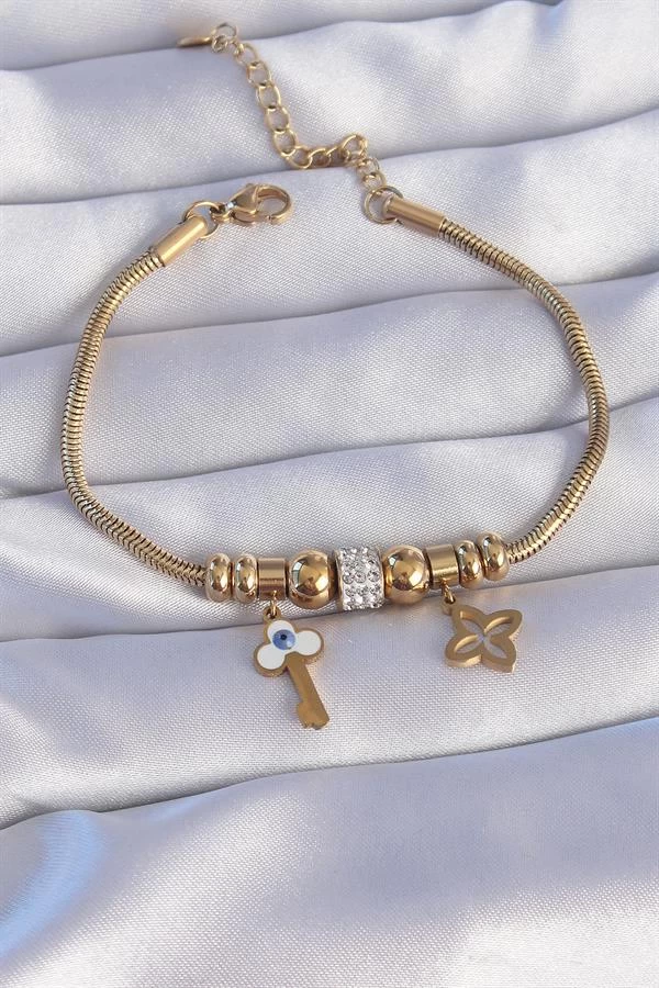 316l Çelik Gold Renk Zirkon Taşlı Yonca Detay Nazarlı Anahtar Tasarımlı Bileklik