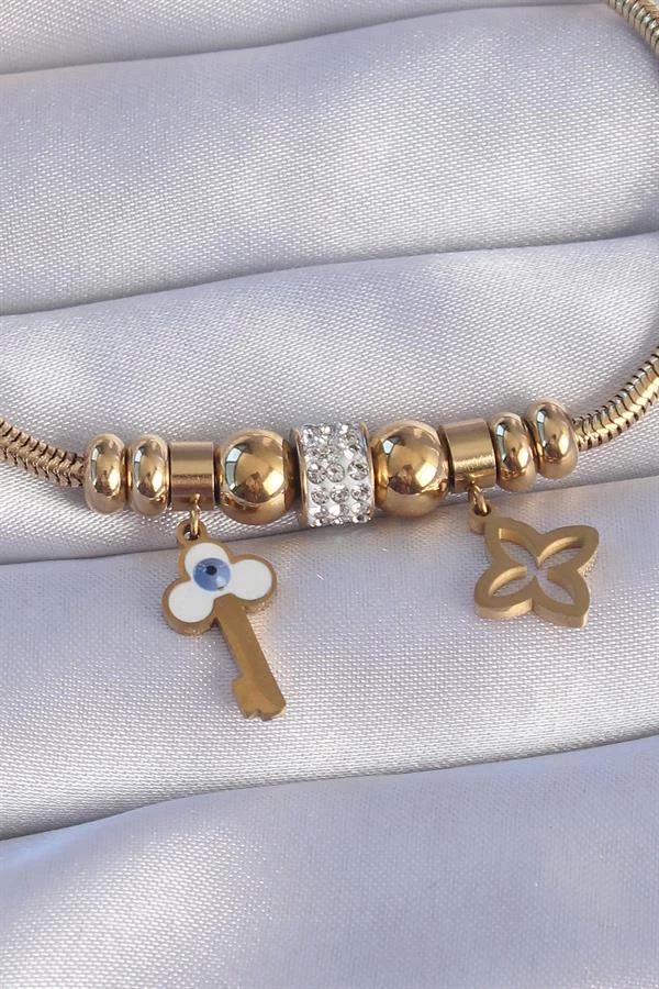 316l Çelik Gold Renk Zirkon Taşlı Yonca Detay Nazarlı Anahtar Tasarımlı Bileklik