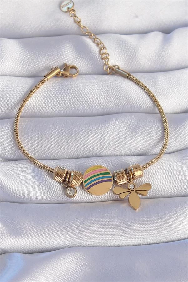 316l Çelik Gold Renk Zirkon Taşlı Gökkuşağı Tasarımlı Yusufçuk Bileklik