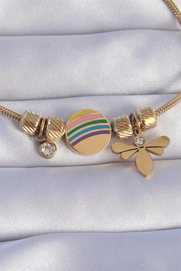 316l Çelik Gold Renk Zirkon Taşlı Gökkuşağı Tasarımlı Yusufçuk Bileklik