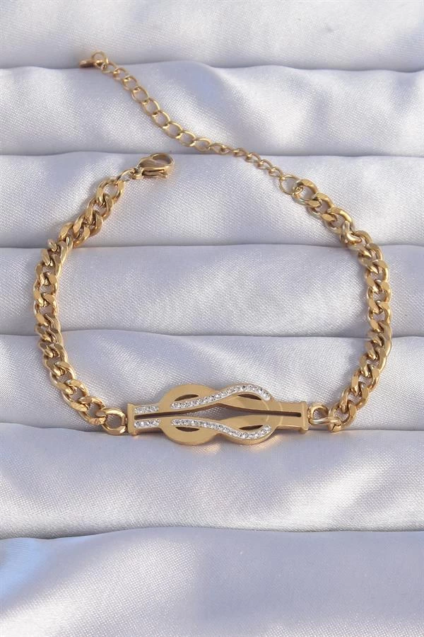316l Çelik Gold Renk Zirkon Taşlı Kemer Tokası Model Zincir Bileklik