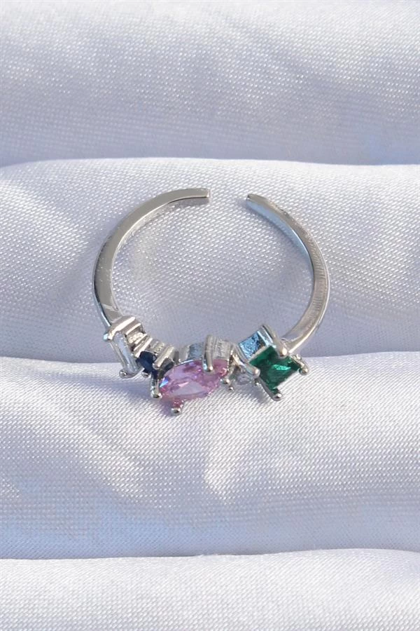 Pirinç Gümüş Renk Renkli Zirkon Taşlı Ayarlanabilir Yüzük