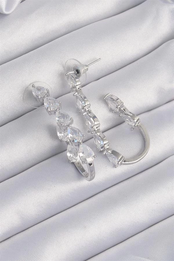 Pirinç Gümüş Renk Damla Zirkon Taş Tasarımlı Küpe