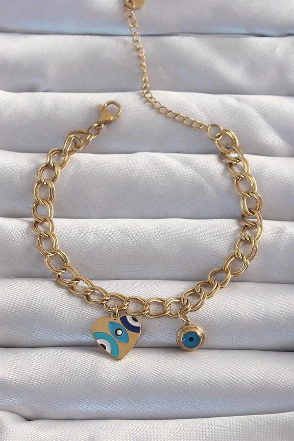 316l Çelik Gold Renk Nazarlı Kalp Model Zincir Bileklik