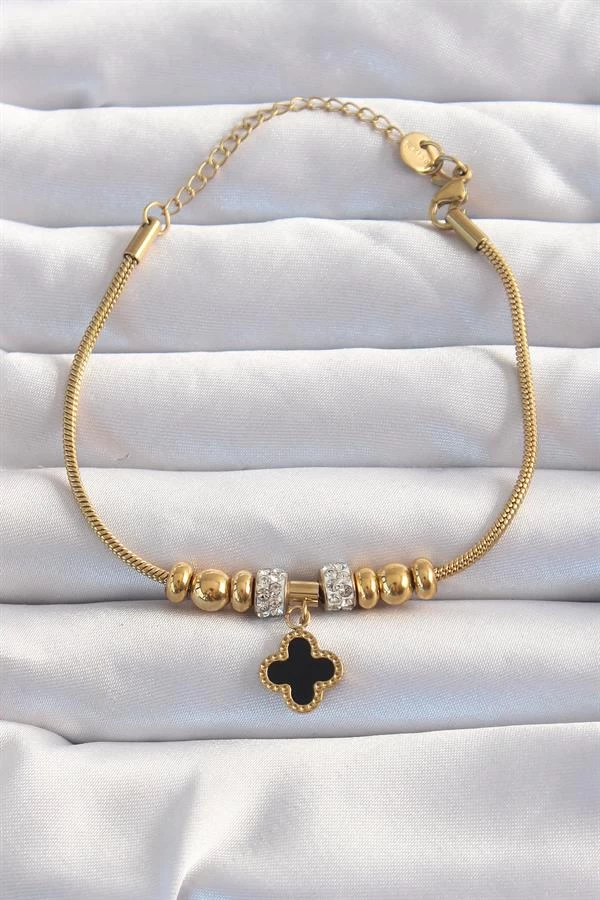 316l Çelik Gold Renk Zirkon Taş Aksesuarlı Siyah Mineli Yonca Bileklik