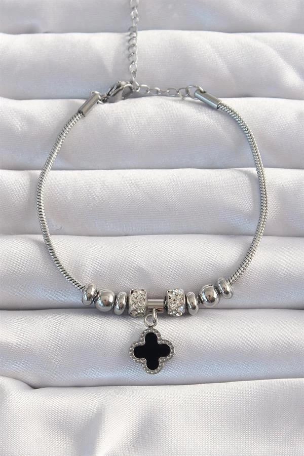 316l Çelik Gümüş Renk Zirkon Taş Aksesuarlı Siyah Mineli Yonca Bileklik