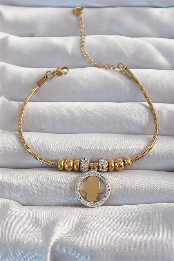 316l Çelik Gold Renk Zirkon Taş Aksesuarlı Fatma Ana Eli Bileklik