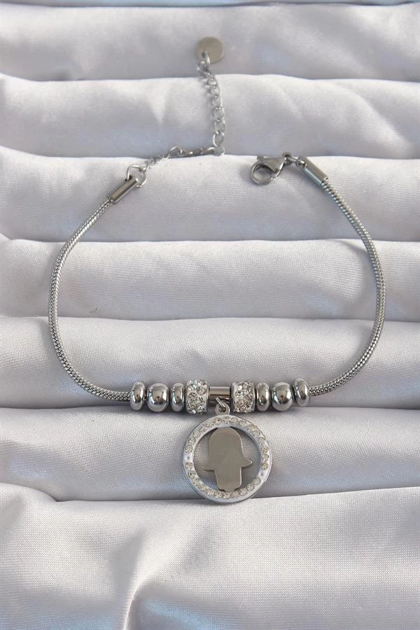 316l Çelik Gümüş Renk Zirkon Taş Aksesuarlı Fatma Ana Eli Bileklik