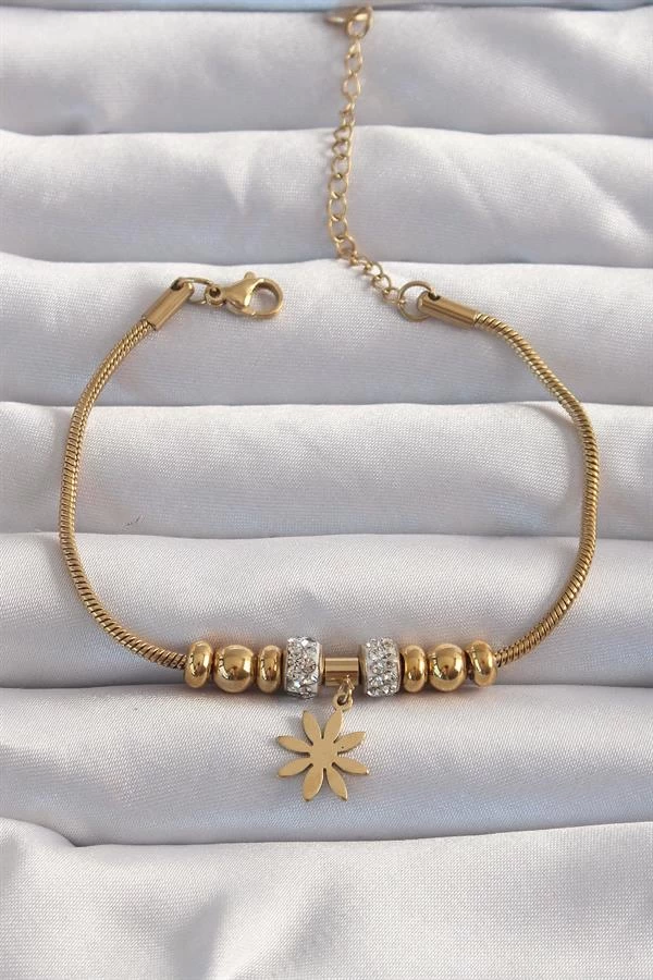 316l Çelik Gold Renk Zirkon Taş Aksesuarlı Çiçek Bileklik