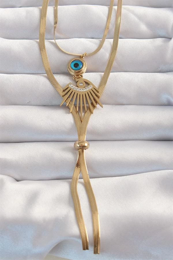 316l Çelik Gold Renk Zirkon Taşlı Göz Detay Nazarlı Uzun Asansör Model Kolye