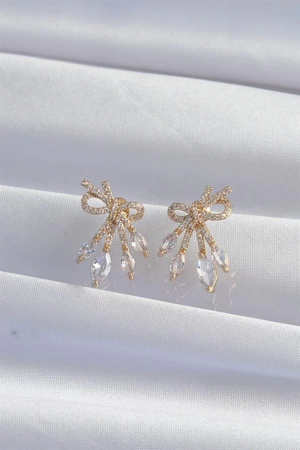 Pirinç Gold Renk Zirkon Taşlı Fiyonk Küpe