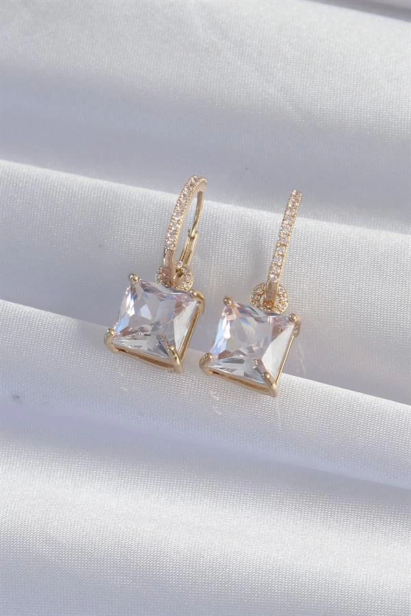 Pirinç Gold Renk Kare Zirkon Taşlı Halka Küpe