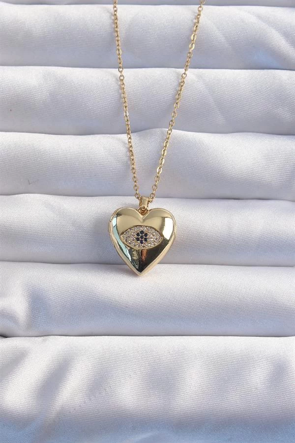 316l Çelik Zincir Gold Renk Zirkon Taşlı Göz Figürlü İçi Açılabilir Kalp Model Kolye