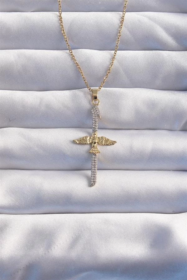 316l Çelik Zincir Gold Renkli Zirkon Taşlı Anka Kuşu Kolye