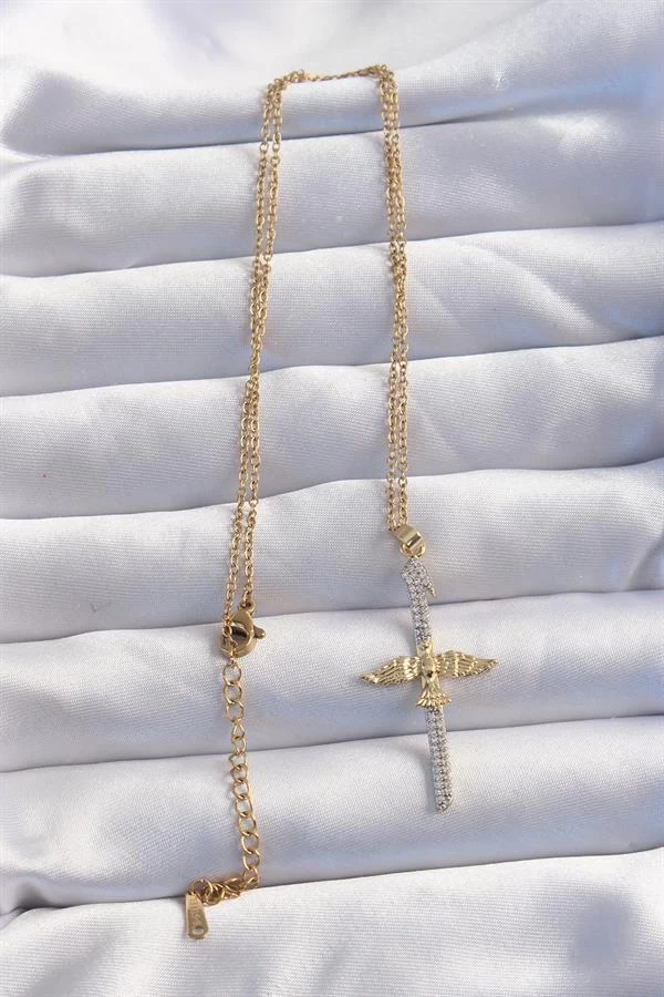 316l Çelik Zincir Gold Renkli Zirkon Taşlı Anka Kuşu Kolye