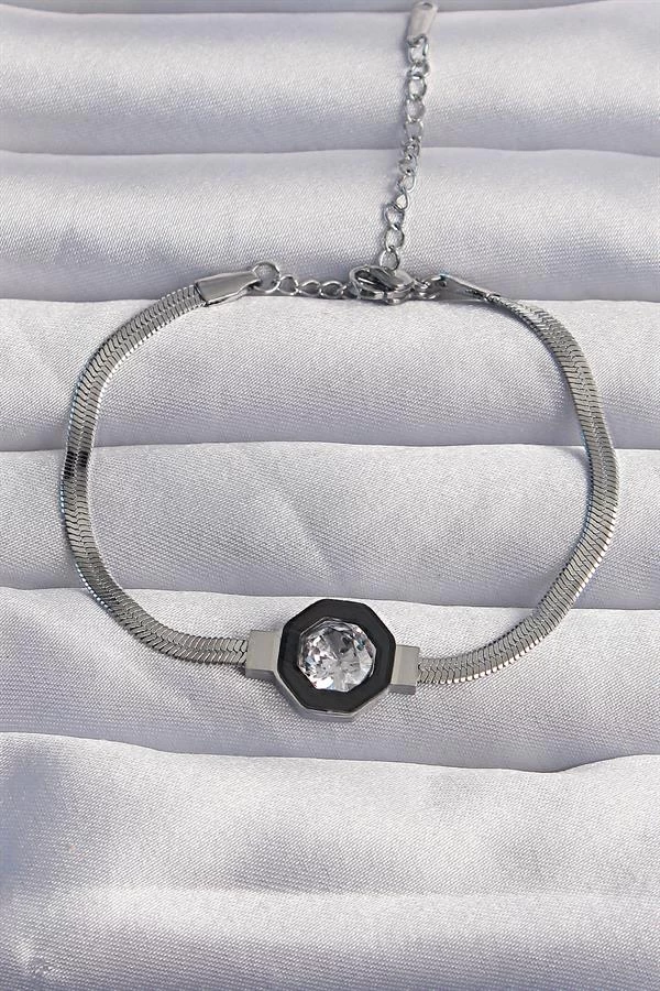 316l Çelik Gümüş Renk Zirkon Taşlı Mineli İtalyan Zincir Serenay Bileklik