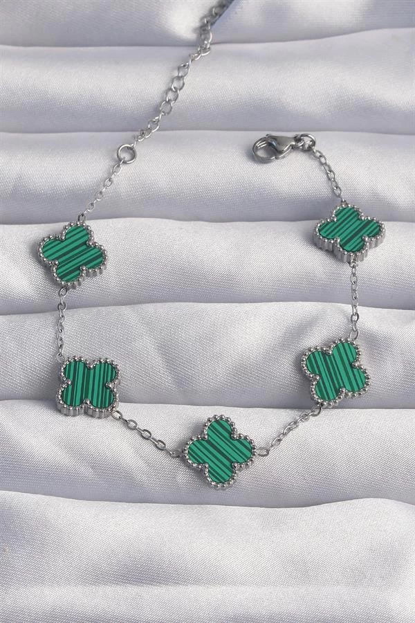 316l Çelik Gümüş Renk Çizgili Yeşil Mineli Yonca Bileklik