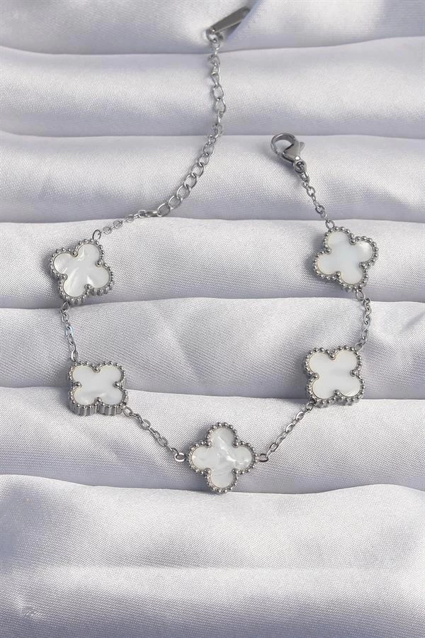 316l Çelik Gümüş Renk Beyaz Sedefli Yonca Bileklik