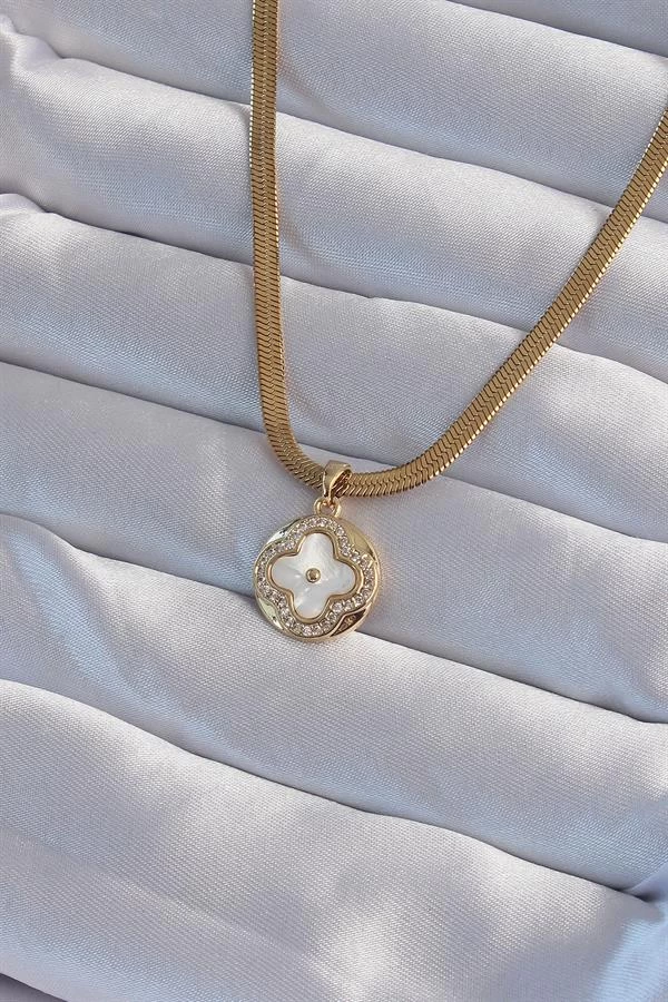 316l Çelik İtalyan Zincirli Gold Renk Zirkon Taşlı Sedefli Yonca Model Kolye