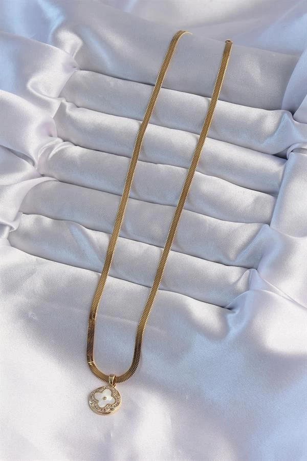 316l Çelik İtalyan Zincirli Gold Renk Zirkon Taşlı Sedefli Yonca Model Kolye