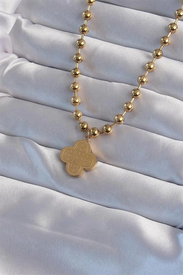 316l Çelik Top Zincirli Gold Renk İşlemeli Yonca Model Kolye