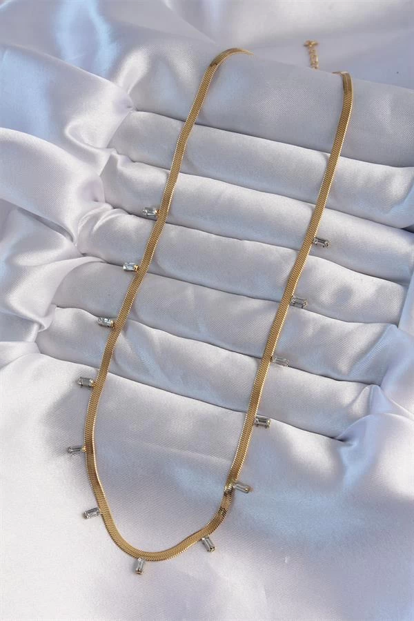 316l Çelik Gold Renk Baget Taşlı İtalyan Zincir Kolye