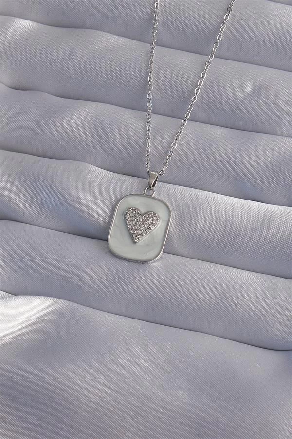 316l Çelik Zincir Mermer Desenli Gümüş Renk Zirkon Taşlı Kalp Model Kolye