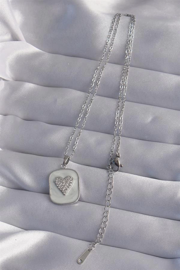 316l Çelik Zincir Mermer Desenli Gümüş Renk Zirkon Taşlı Kalp Model Kolye