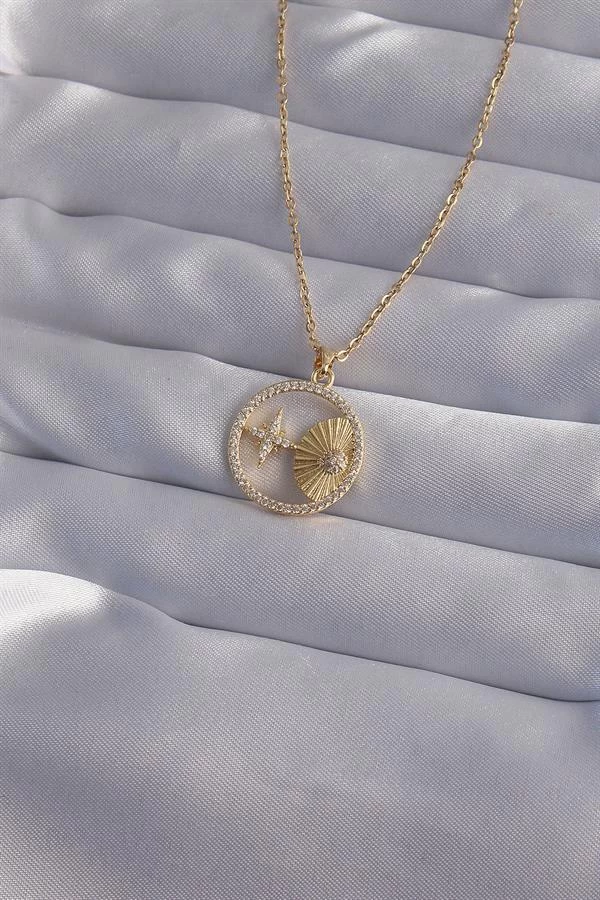 316l Çelik Zincir Gold Renk Zirkon Taşlı Yıldız Figürlü Oval Kolye