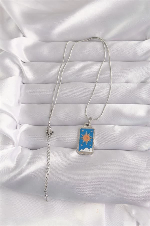 316l Çelik Gümüş Renk Mavi Mineli Güneş Model Tarot Kolye