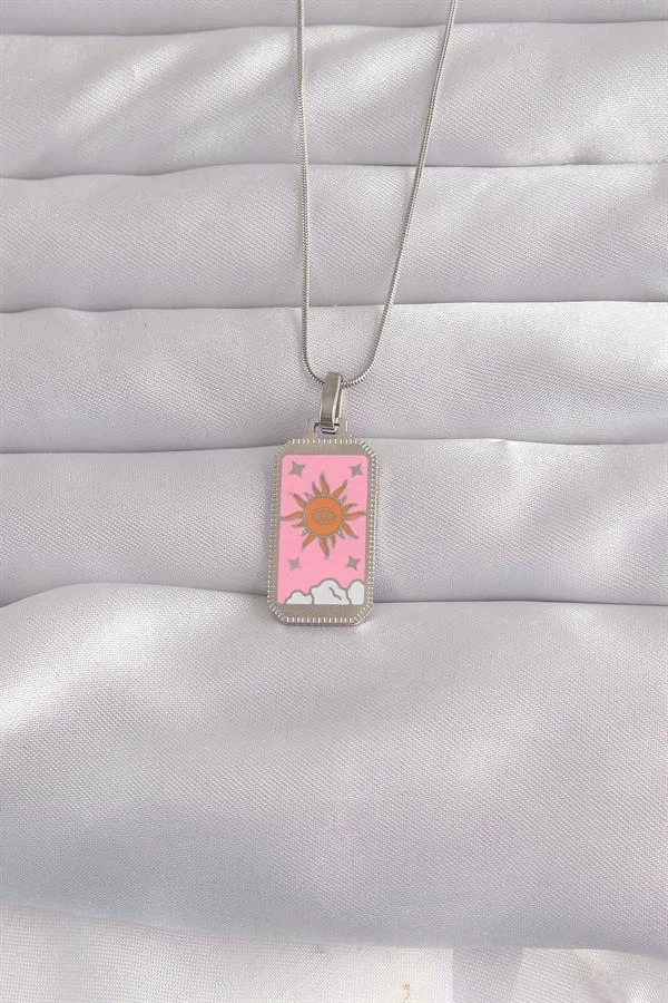 316l Çelik Gümüş Renk Pembe Mineli Güneş Model Tarot Kolye