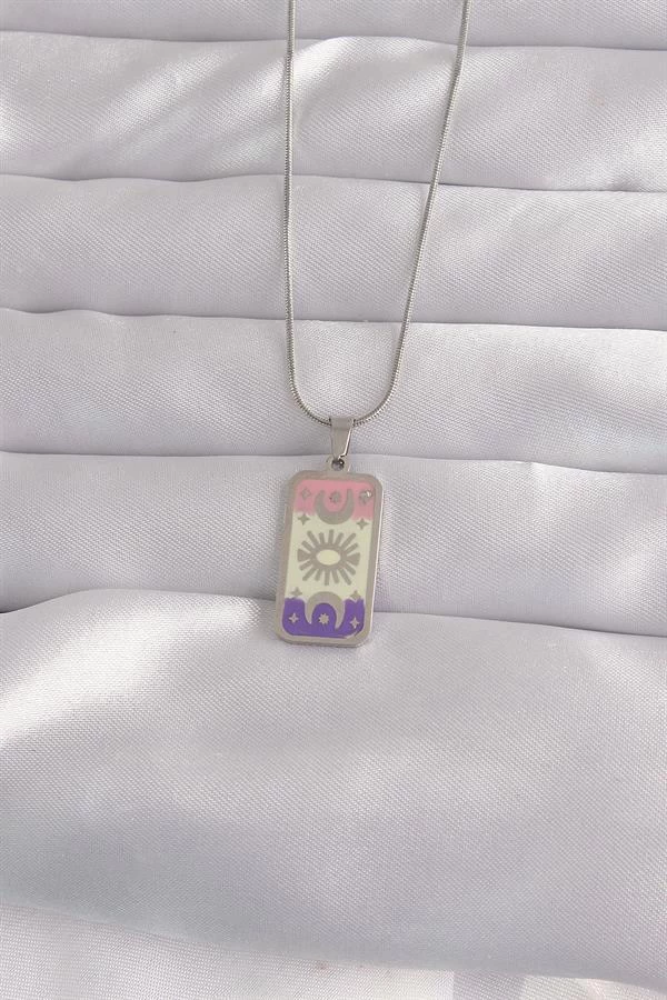316l Çelik Gümüş Renk Karışık Mineli Ay Figür Tarot Kolye