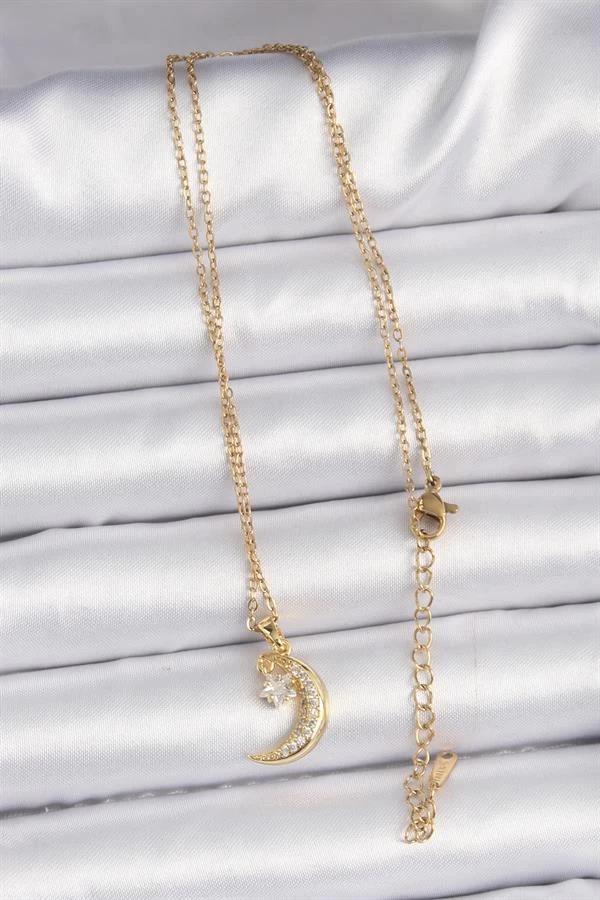 316l Çelik Zincir Altın Renk Zirkon Taşlı Sallantılı Ay Yıldız Kolye