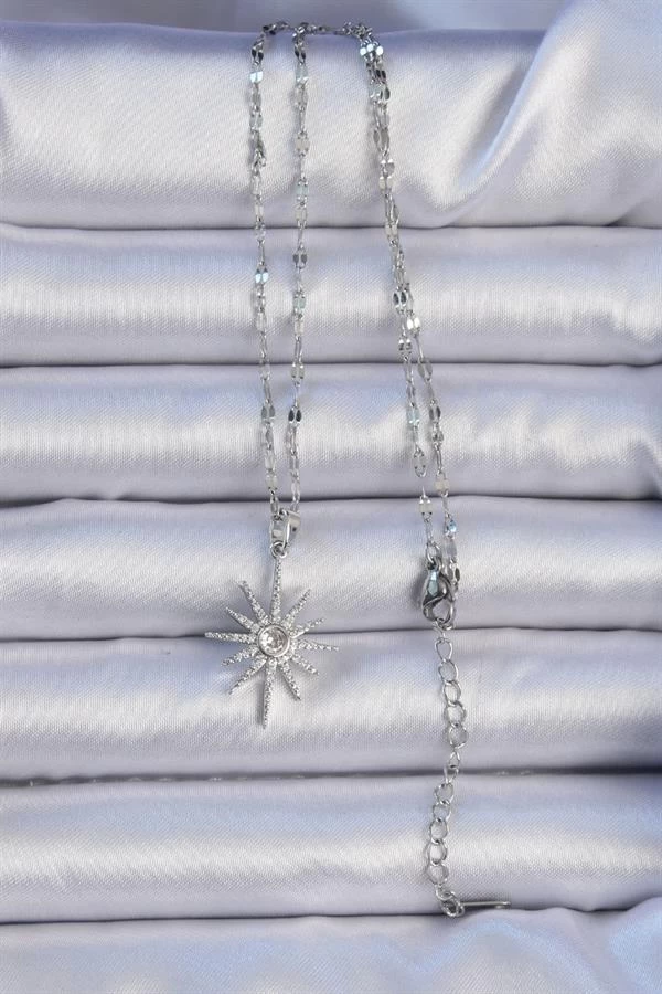 316l Çelik Zincir Gümüş Renk Zirkon Taşlı Kutup Yıldızı Kolye