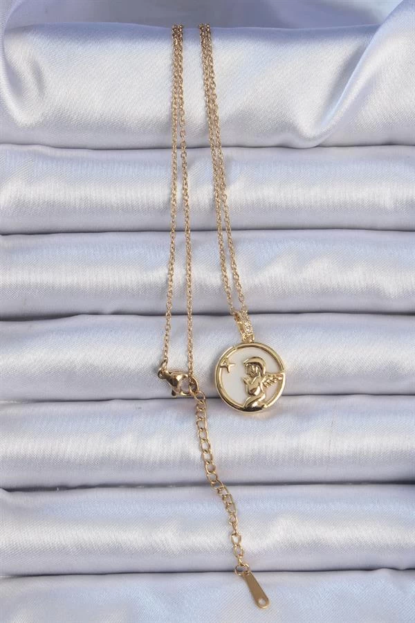 316l Çelik Zincir Altın Renk Zirkon Taşlı Mineli Melek Kolye