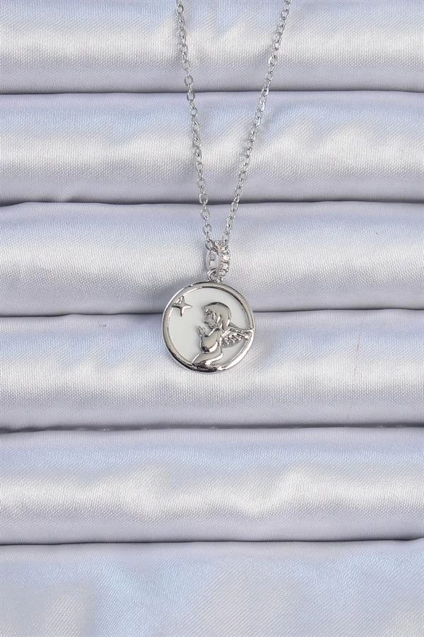 316l Çelik Zincir Gümüş Renk Zirkon Taşlı Mineli Melek Kolye