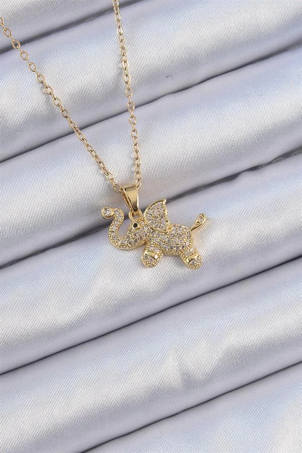 316l Çelik Zincir Altın Renk Zirkon Taşlı Fil Kolye