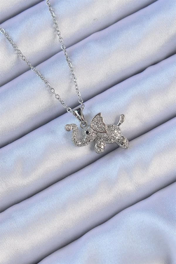 316l Çelik Zincir Gümüş Renk Zirkon Taşlı Fil Kolye